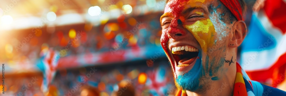 Fototapeta premium A close-up of an ecstatic England supporter with a colorful painted face, cheering enthusiastically at a crowded stadium