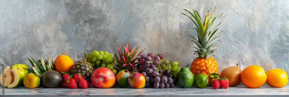 A colorful arrangement of fresh tropical fruits, including pineapple, mango, grapes, and citrus, displayed on a sleek marble countertop