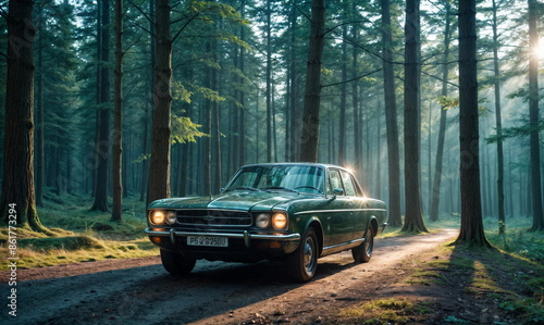 vintage car parked on a forest trail. The car appears to be a classic model, possibly a muscle car, and is the main subject of the image.