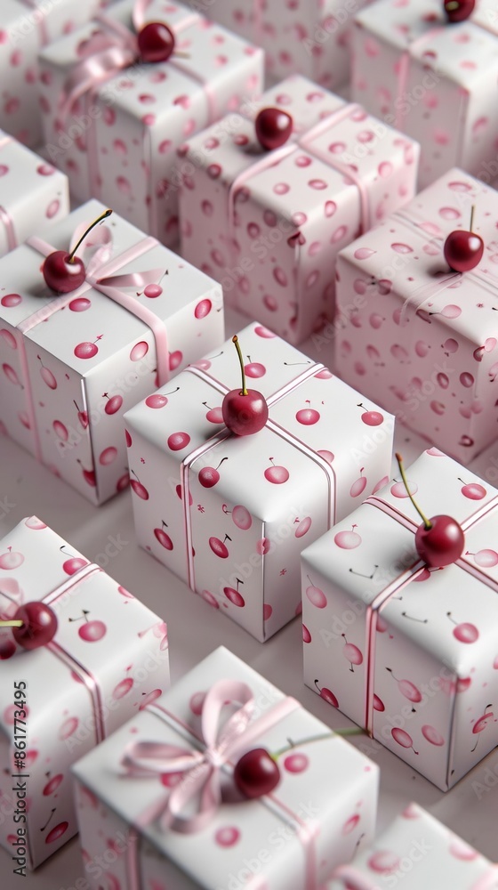 Many boxes with cherry patterns are stacked with illustrations, gift forms, minimalist, watercolor style, and bright colors Many boxes with cherry patterns are stacked with illustrations, gift forms, minimalist, watercolor style, and bright colors
