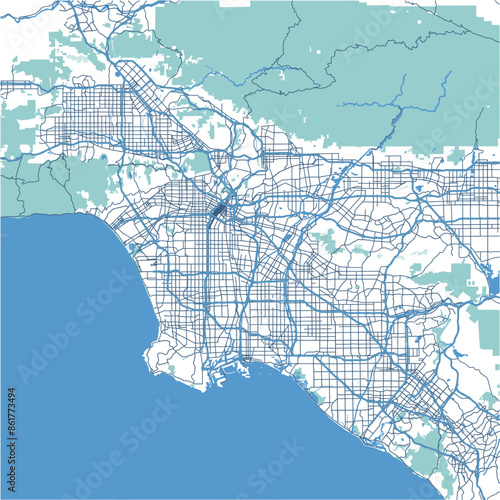 Layered vector map of Los Angeles in California in a professional blue style
