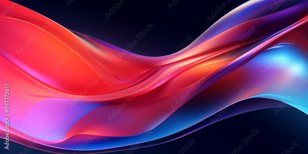 Bright glowing liquid abstract background. Bright smooth luminous waves poster. Fluid banner. Purple. blue, red colors. Digital raster bitmap illustration. AI artwork.