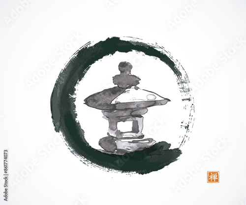 Minimalist ink painting of japanese toro stone lantern in black enso zen circle on white. Traditional Japanese ink wash painting sumi-e. Translation of hieroglyph - zen