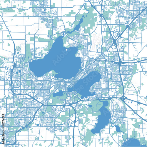 Layered vector map of Madison in Wisconsin in a professional blue style