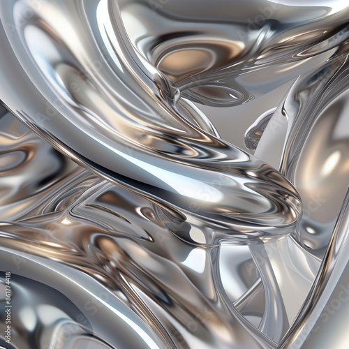 An abstract background of silver, glass and plastic shapes, soft edges, curves, flowing, organic forms 