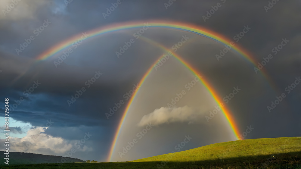 A rainbow arches over a field and river in a vibrant landscape
A rainbow arches over a field and river in a vibrant landscape