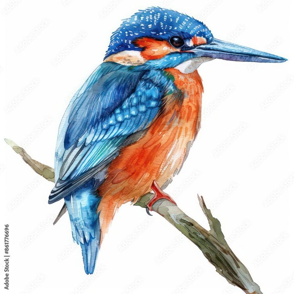 Fototapeta premium A beautiful watercolor kingfisher with bright blue and orange feathers isolated on a white background