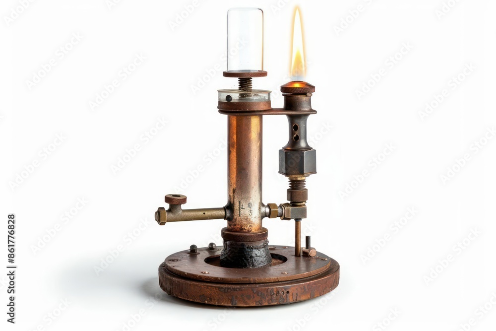 A Bunsen burner with an adjustable flame and a sturdy base isolated on a white background A Bunsen burner with an adjustable flame and a sturdy base isolated on a white background