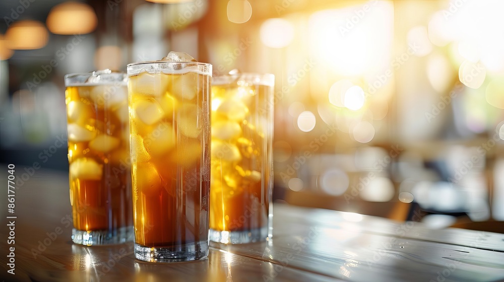 professional photograph of three glasses of Iced Tea served in tall glasses with ice cubes inside professional photograph of three glasses of Iced Tea served in tall glasses with ice cubes inside
