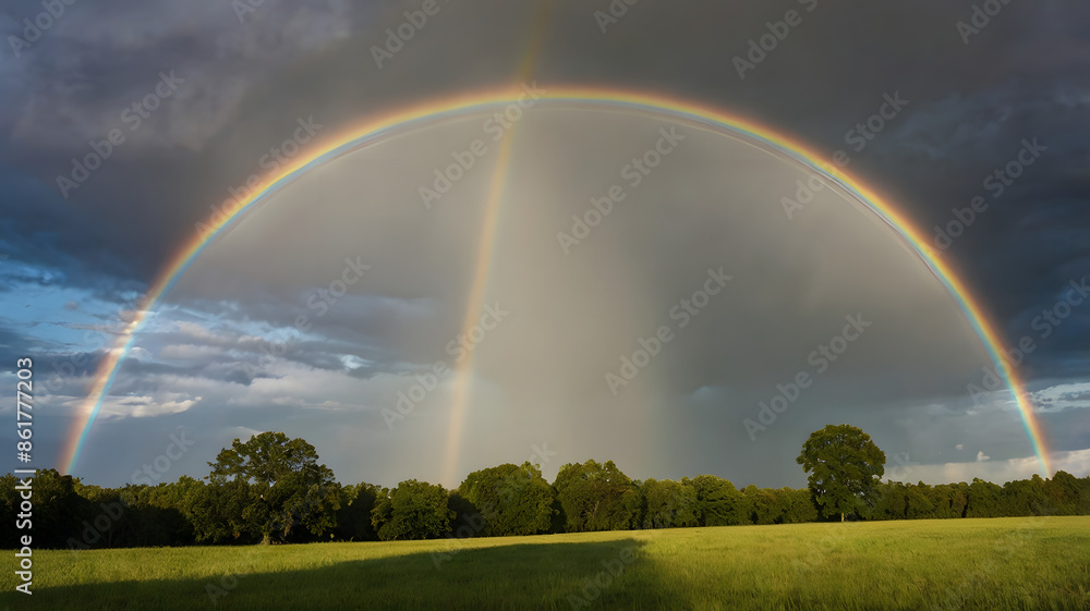 A rainbow arches over a field and river in a vibrant landscape
A rainbow arches over a field and river in a vibrant landscape