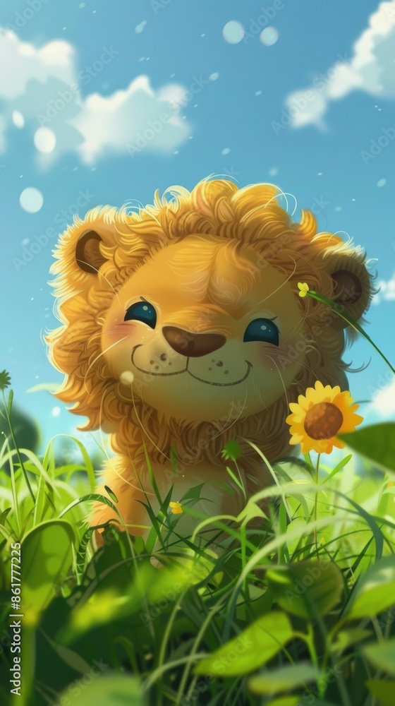 A cartoon lion sitting in a field of grass A cartoon lion sitting in a field of grass