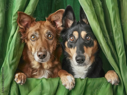 Two playful dogs peeking out from green curtain onto cozy surface