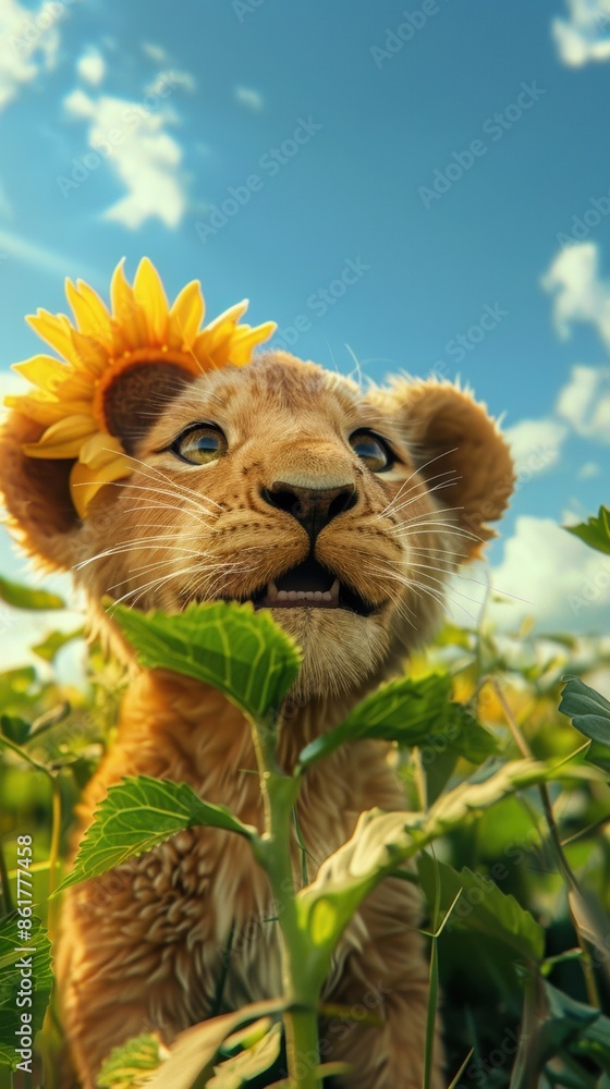 A lion cub with a sunflower in its mouth A lion cub with a sunflower in its mouth