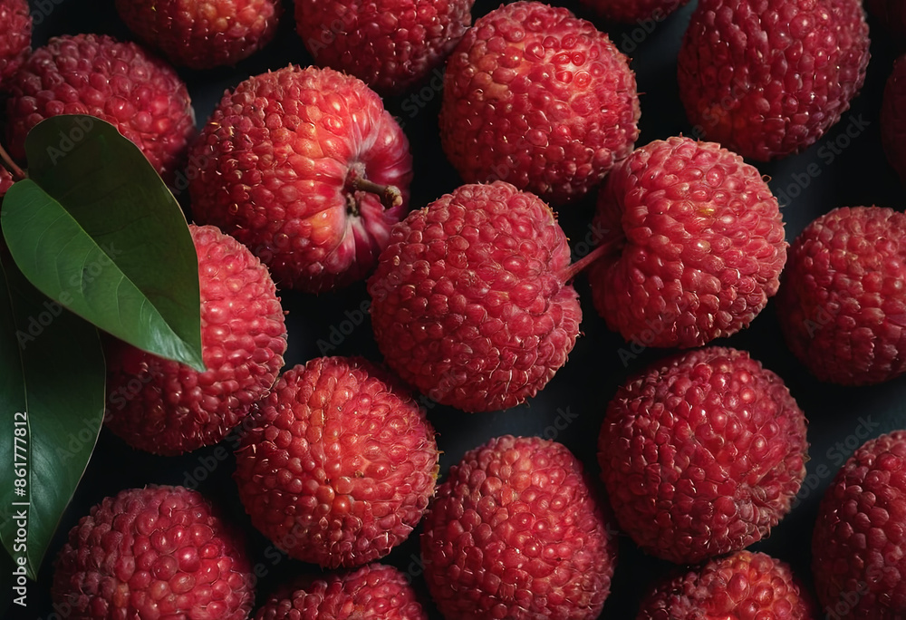Close-up of a group of bright red lychees with green leaves on a dark surface Close-up of a group of bright red lychees with green leaves on a dark surface