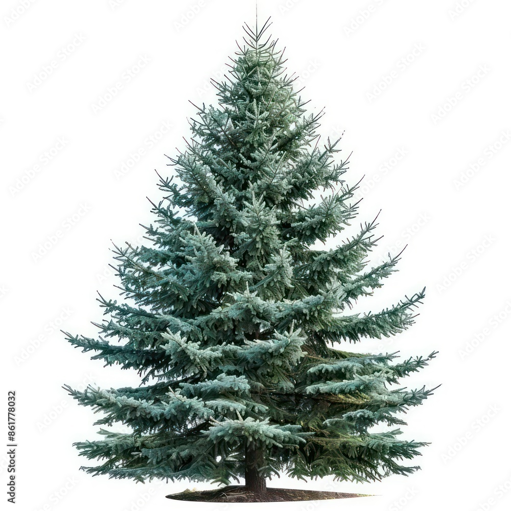 A classic spruce tree with dense, bluegreen needles and a conical shape isolated on a white background A classic spruce tree with dense, bluegreen needles and a conical shape isolated on a white background