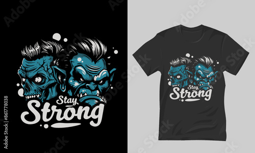 Dual Character Motivational T-Shirt Design This dynamic t-shirt design features two distinct and powerful characters side by side a skeletal figure and a fierce orc 