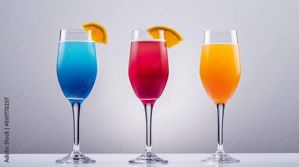 Three identical glasses with three different flavors of cocktails side by side on a table, commercial photography, white background Three identical glasses with three different flavors of cocktails side by side on a table, commercial photography, white background