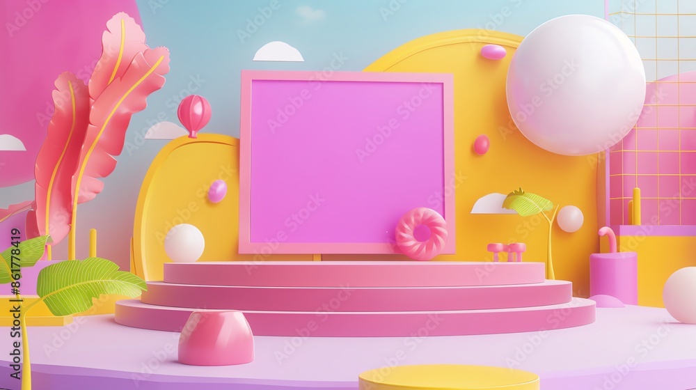 3D rendering of pink podium on a colorful background for product display, branding, and advertising. Ideal for showcasing beauty or kids products 3D rendering of pink podium on a colorful background for product display, branding, and advertising. Ideal for showcasing beauty or kids products