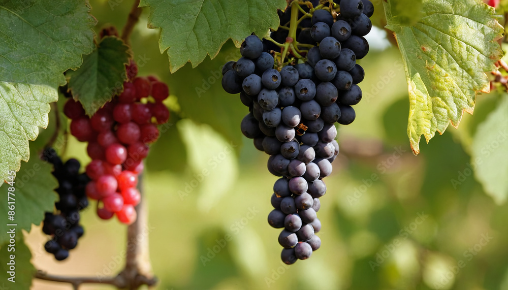 A close-up photo of ripe grape clusters hanging from a vine in a vineyard A close-up photo of ripe grape clusters hanging from a vine in a vineyard
