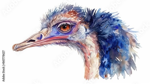 A cute watercolor ostrich with a long neck and fluffy feathers isolated on a white background