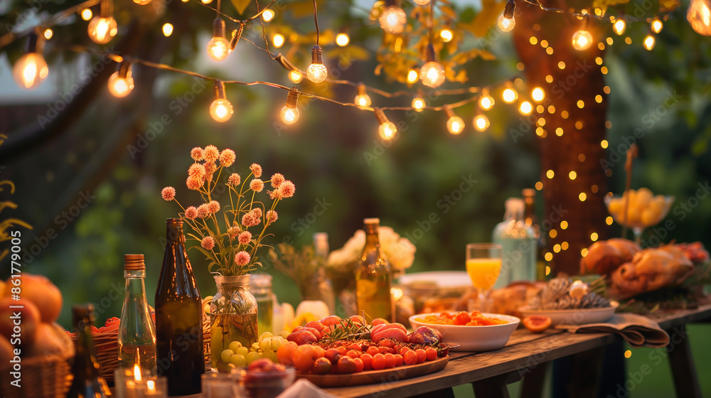 A beautiful garden party with fairy lights, summer, garden party, hd, enchanting with copy space A beautiful garden party with fairy lights, summer, garden party, hd, enchanting with copy space