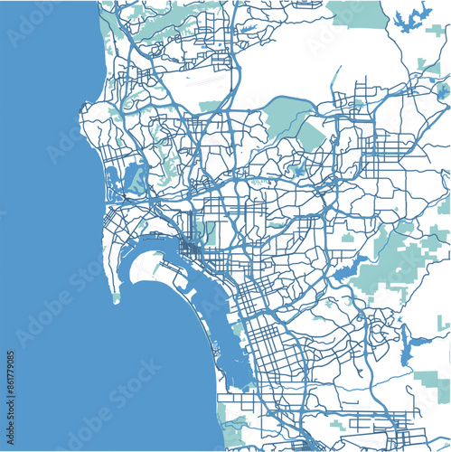 Layered vector map of San Diego in California in a professional blue style