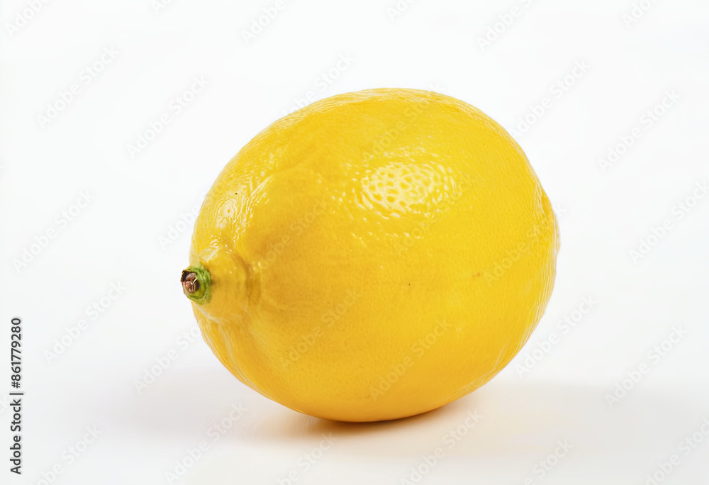 A single, bright yellow lemon sits on a white background A single, bright yellow lemon sits on a white background
