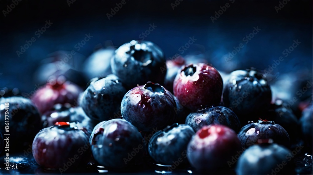 A close-up image of fresh, plump blueberries with water droplets on their surface. The blueberries are arranged in a pile on a dark blue background, creating a visually appealing and vibrant image A close-up image of fresh, plump blueberries with water droplets on their surface. The blueberries are arranged in a pile on a dark blue background, creating a visually appealing and vibrant image