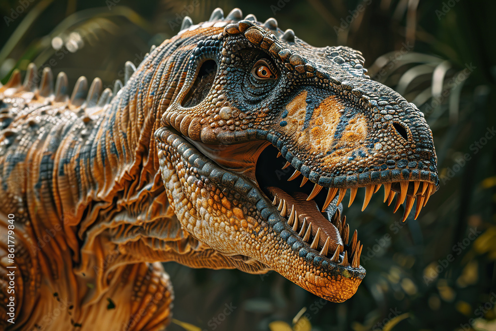 Generative ai on theme of big scary hungry dinosaur with kind eyes and sharp teeth destroying park Generative ai on theme of big scary hungry dinosaur with kind eyes and sharp teeth destroying park