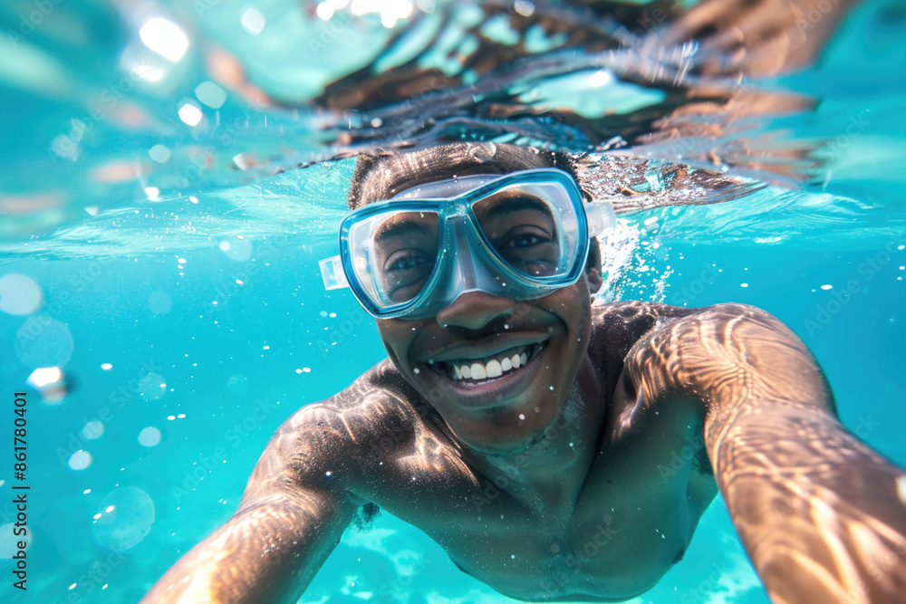 Fototapeta premium African-American man underwater wearing goggles takes a selfie while snorkeling in clear water. Travel adventure excitement of exploring marine life. Vacation timespending activitity diving snorkeling