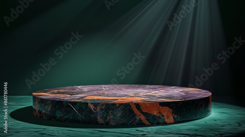 Dark green Background with Blackand purple Orange Marble Platform and Lit by Spotlight  photo