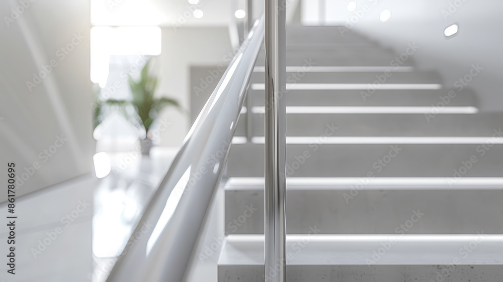 Modern, minimalistic staircase with metal railing and white steps.