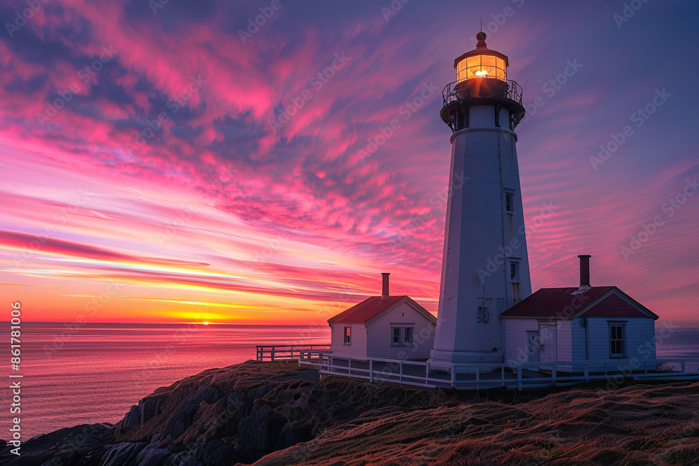 Generative ai on theme of large retro lighthouse with beam of bright light shining out to blue sea Generative ai on theme of large retro lighthouse with beam of bright light shining out to blue sea