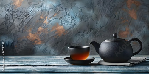 Tea Pot Full and Empty Tea Cup on Table. Concept Still Life Photography, Tea Time, Table Setting, Contrast, Before and After photo