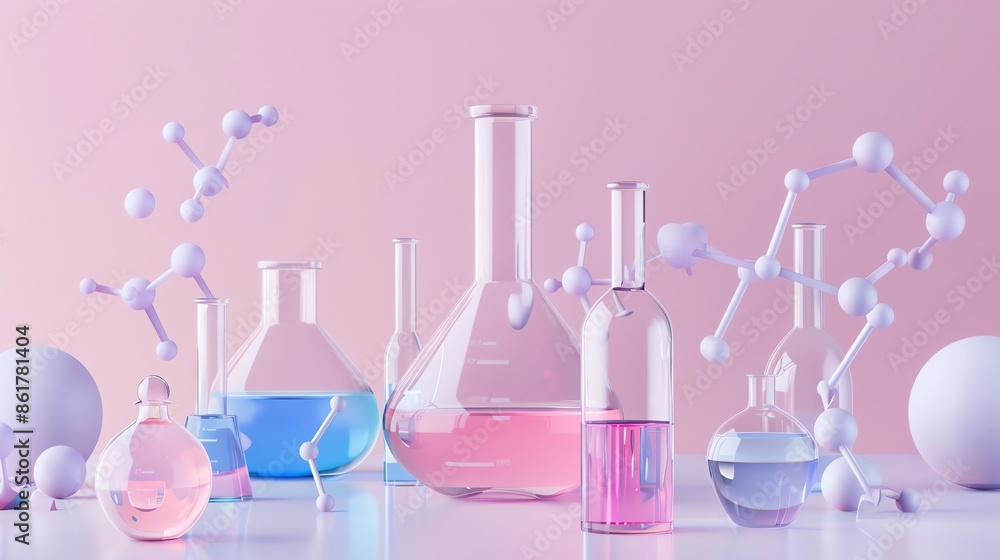 3D render of laboratory glassware with colorful liquid and molecules on a pastel pink background. Concept of science, chemistry, research, and experimentation