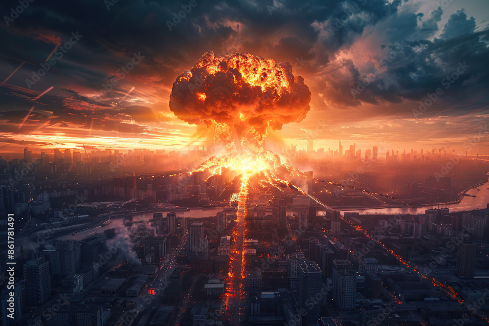 Generative ai on theme of scary nuclear explosion in outdoor, mushroom cloud of nuclear weapons