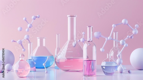 Obraz na płótnie 3D render of laboratory glassware with colorful liquid and molecules on a pastel pink background. Concept of science, chemistry, research, and experimentation w salonie