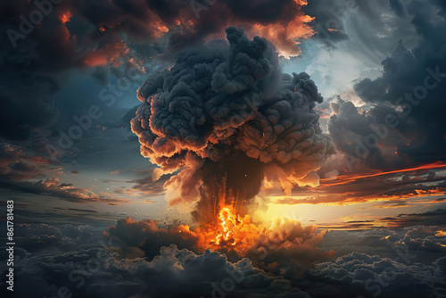 Generative ai on theme of scary nuclear explosion in outdoor, mushroom cloud of nuclear weapons photo