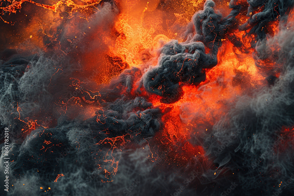 Generative ai on theme of erupting volcano with cascading hot lava surrounded thick white smoke Generative ai on theme of erupting volcano with cascading hot lava surrounded thick white smoke