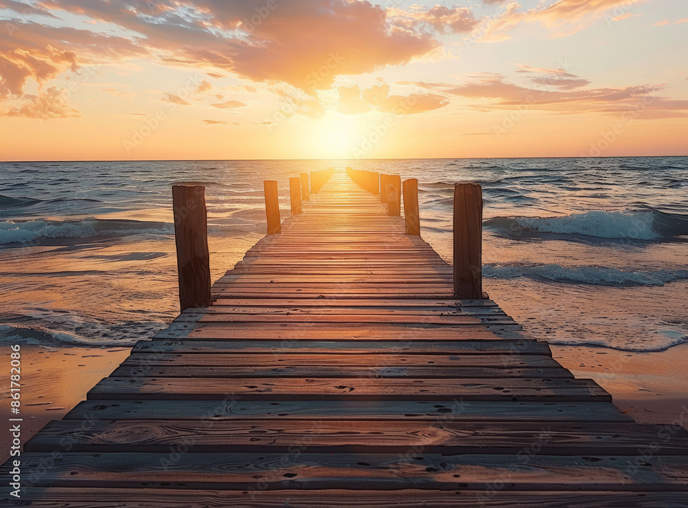 Obraz premium beautiful sunset at the wooden jetty at the beach