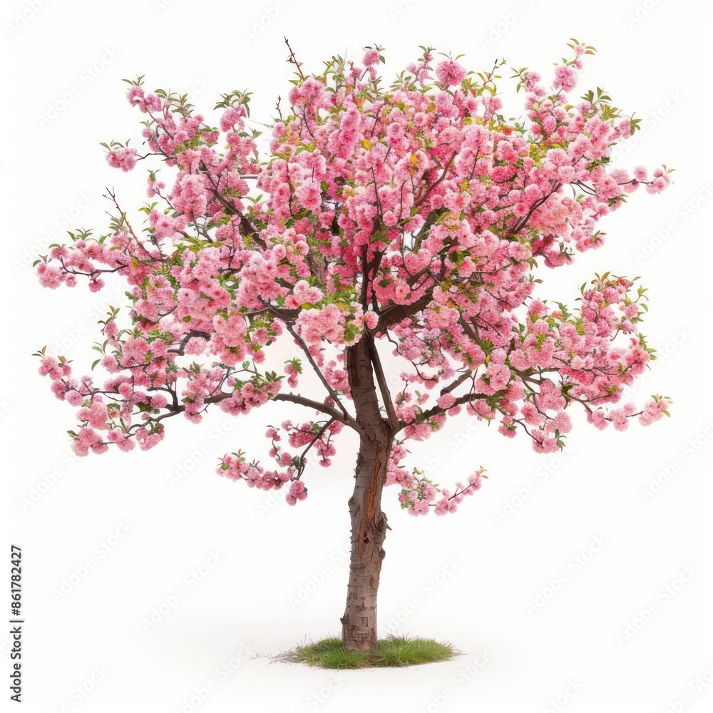 A peach tree with soft, pink blossoms and fuzzy fruit isolated on a white background A peach tree with soft, pink blossoms and fuzzy fruit isolated on a white background