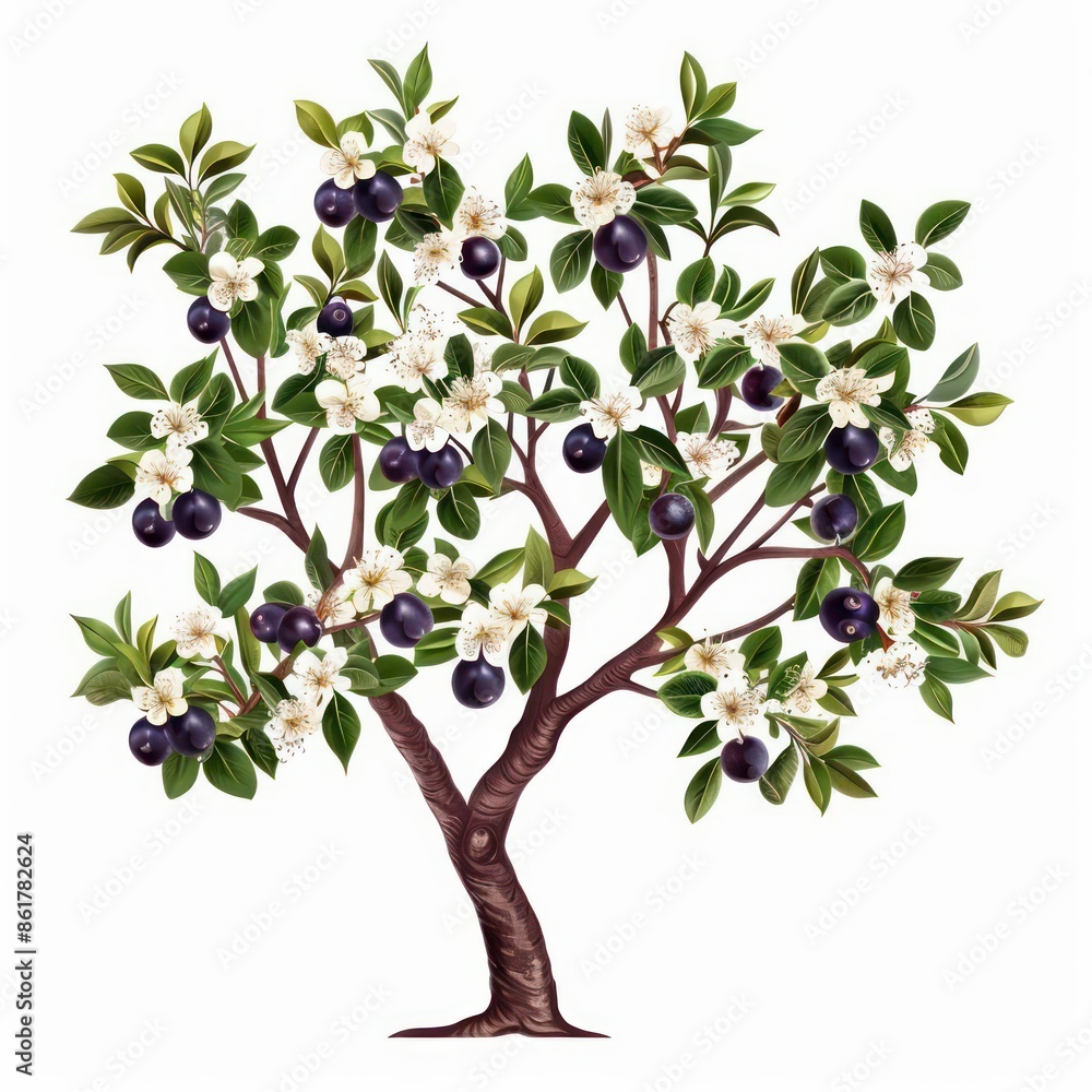 A plum tree with fragrant blossoms and dark, juicy fruit isolated on a white background A plum tree with fragrant blossoms and dark, juicy fruit isolated on a white background