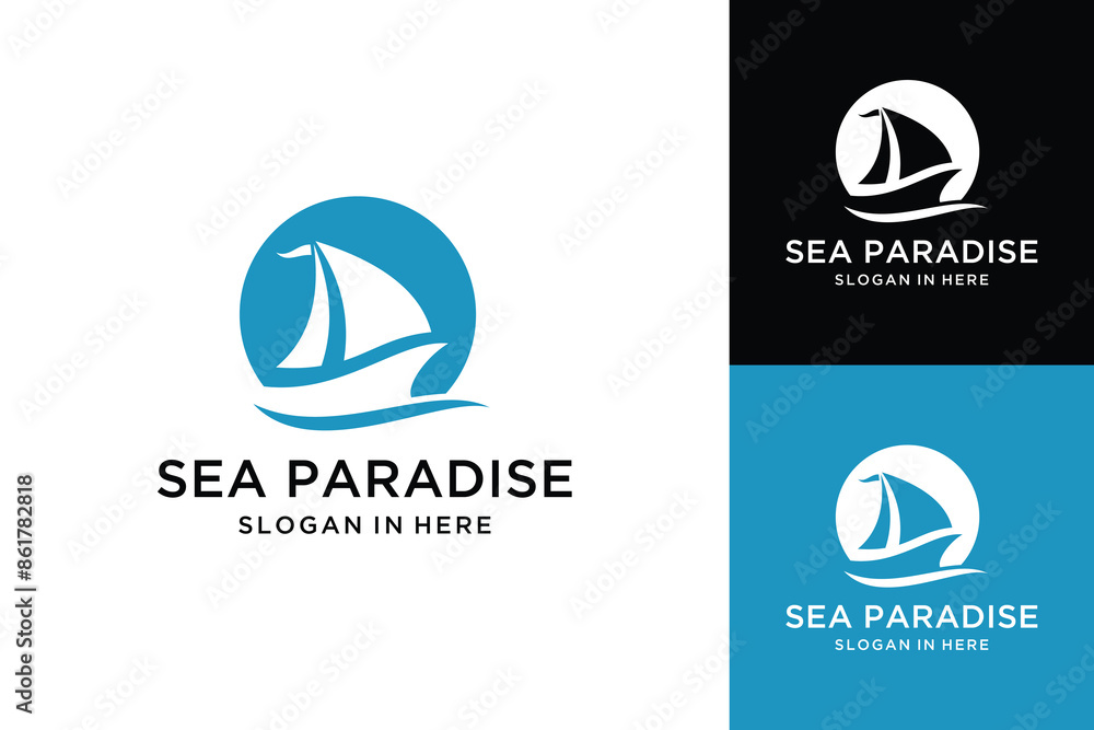 Sail Boat Ship Vessel and sea wave vector logo design Sail Boat Ship Vessel and sea wave vector logo design