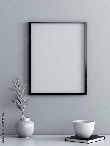 An empty, thin grey vertical 2x3 frame on a clean wall