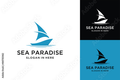 Sail Boat Ship Vessel and sea wave vector logo design