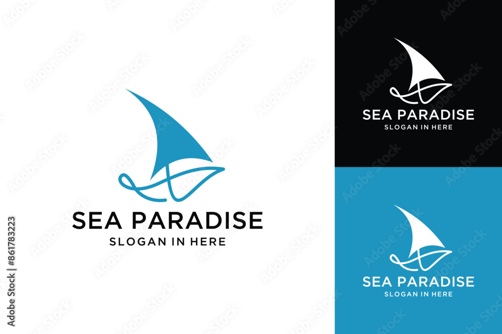 Fototapeta premium Sail Boat Ship Vessel and sea wave for Transportation vector logo design