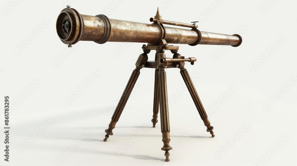 A sleek telescope with a long, cylindrical body and a stable tripod isolated on a white background A sleek telescope with a long, cylindrical body and a stable tripod isolated on a white background