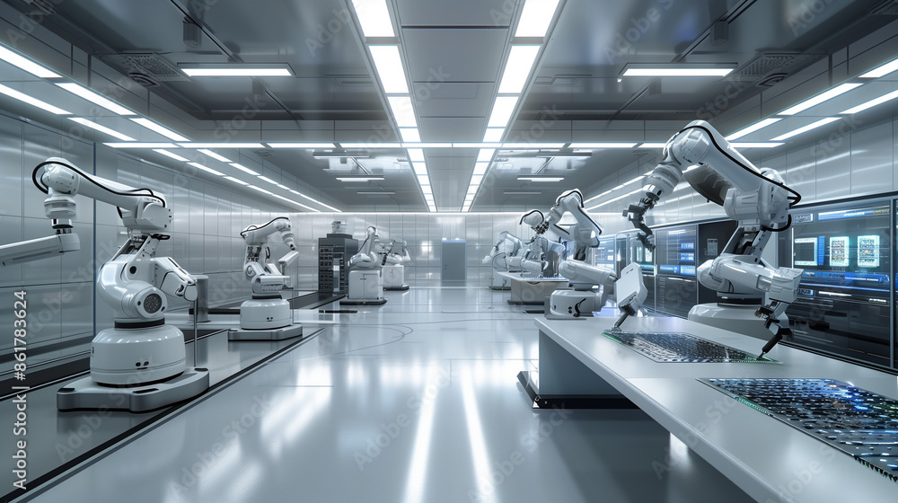 Fototapeta premium In a future cleanroom for advanced electronics research, robotic arms assemble complex circuits.
