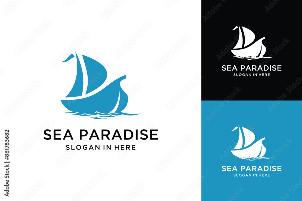 Fototapeta premium Sailling Boat Ship Vessel and sea wave vector logo design