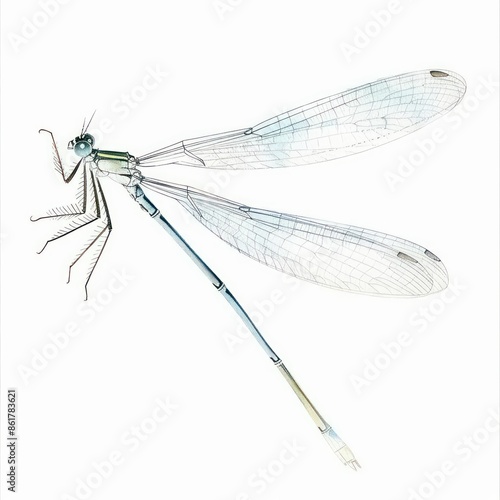 A slender watercolor damselfly with thin body and clear, delicate wings isolated on a white background © JK_kyoto